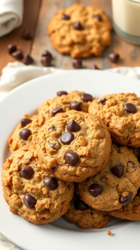A plate of oatmeal cookies with chocolate chips on a wooden table next to a glass of milk.